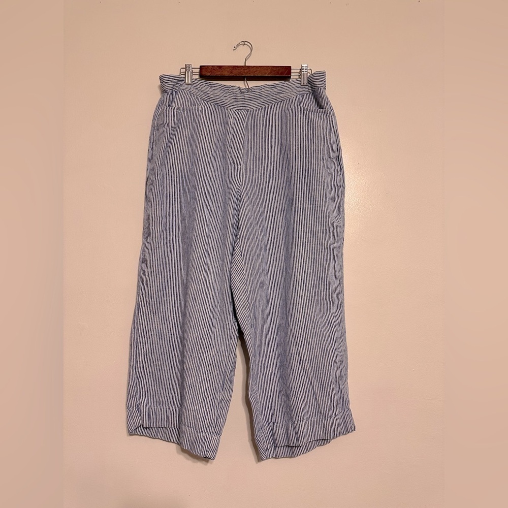 J Jill Love Linen Wide Leg Cropped Striped Pants XL Blue white
